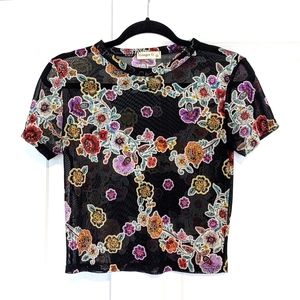 Black Cropped Embroidered Mesh T Shirt